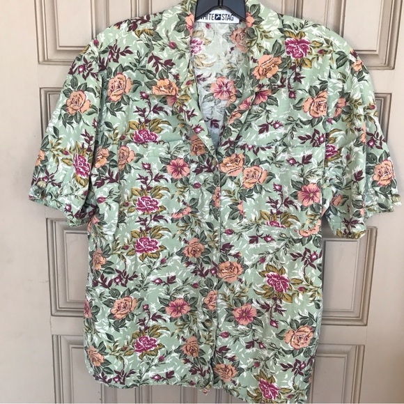 White Stag Blouse Sz10 Sage Green Floral Short Sleeve Detail Button Down Pretty - Picture 6 of 6